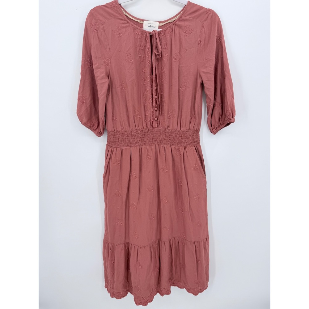 Bohme Midi Dress Women Small Rose Pink Embroidered Smocked Waist Boho Pockets